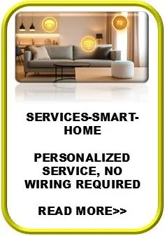 Living room with a gray sofa, wooden shelves, and decorative gold icons representing smart home services, with promotional text for smart home services.