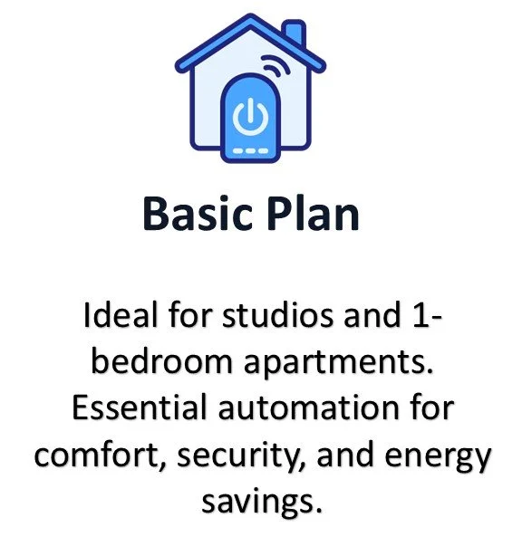 Icon of a house with a Wi-Fi signal and a remote control, accompanied by text that reads 'Basic Plan. Ideal for studios and 1-bedroom apartments. Essential automation for comfort, security, and energy savings.'