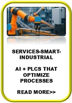 Industrial robotic arms working on production line with a promotional text about AI and PLCs optimizing processes.
