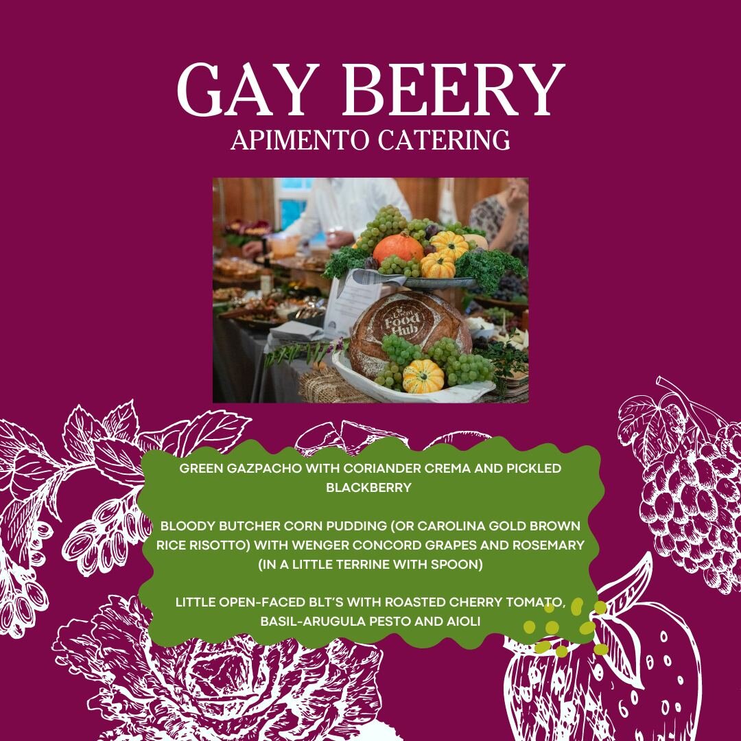 Last, but far from least, we are highlighting the woman who has made Food From Our Farms possible every year - Gay Beery of APimento Catering. Gay and the Apimento team are an incredible ally to Local Food Hub, and we are so lucky to have them! 

If 