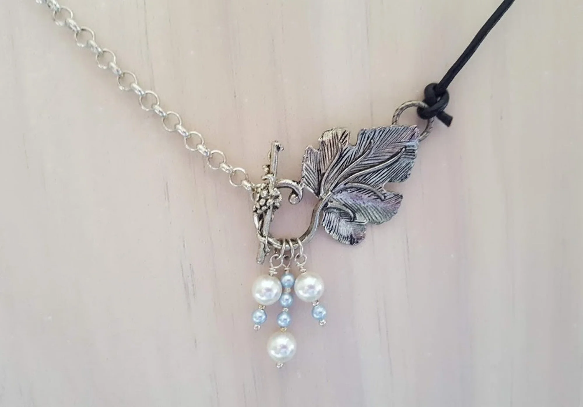 307 Silver and Black Leather Front Leaf Toggle Necklace Detail.jpg
