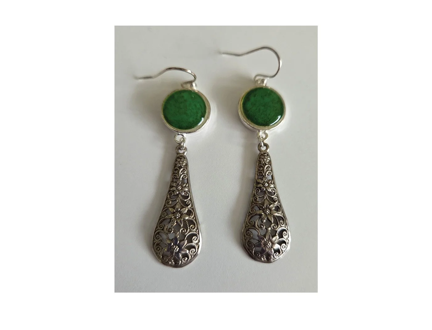 889 Emerald Green Alcohol Ink Earrings with Silver Filigree Drop 2.jpg