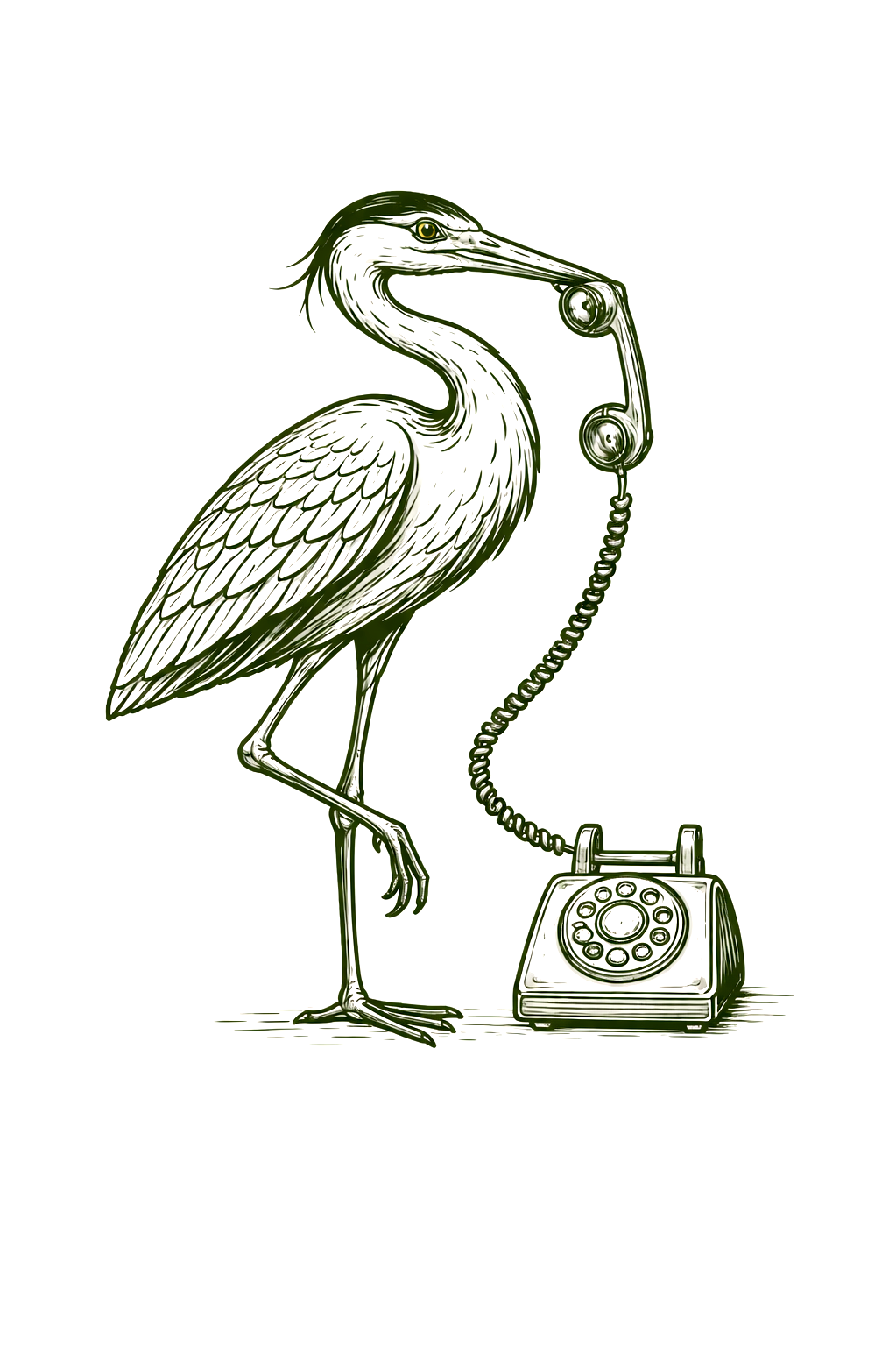Heron mascot with rotary phone