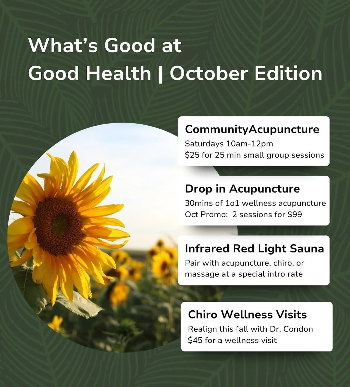 🍂 October is here&mdash;and so are new ways to feel good. Here&rsquo;s what&rsquo;s happening this month at Good Health Acupuncture 

Community Acupuncture 
Small group healing, big benefits
Saturdays 10am&ndash;12pm | $25

Drop-In Acupuncture
1:1 w