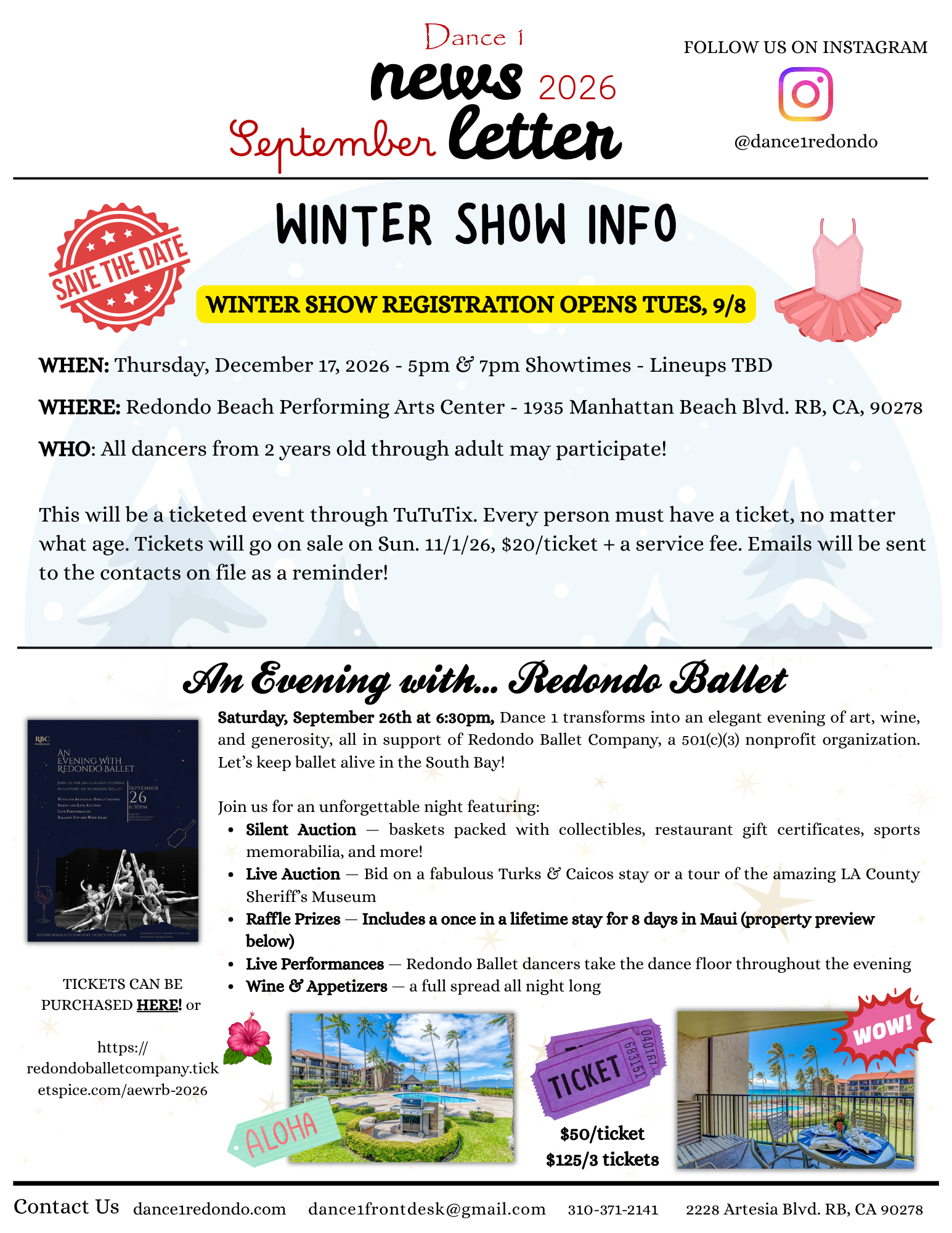 A flyer advertising Redondo Ballet's upcoming events, including a winter show on December 17, 2026, with details about ticket sales, a performance on September 26, 2023, supporting Redondo Ballet, and multiple auctions and activities, with images of a pool, tickets, and a dance performance.