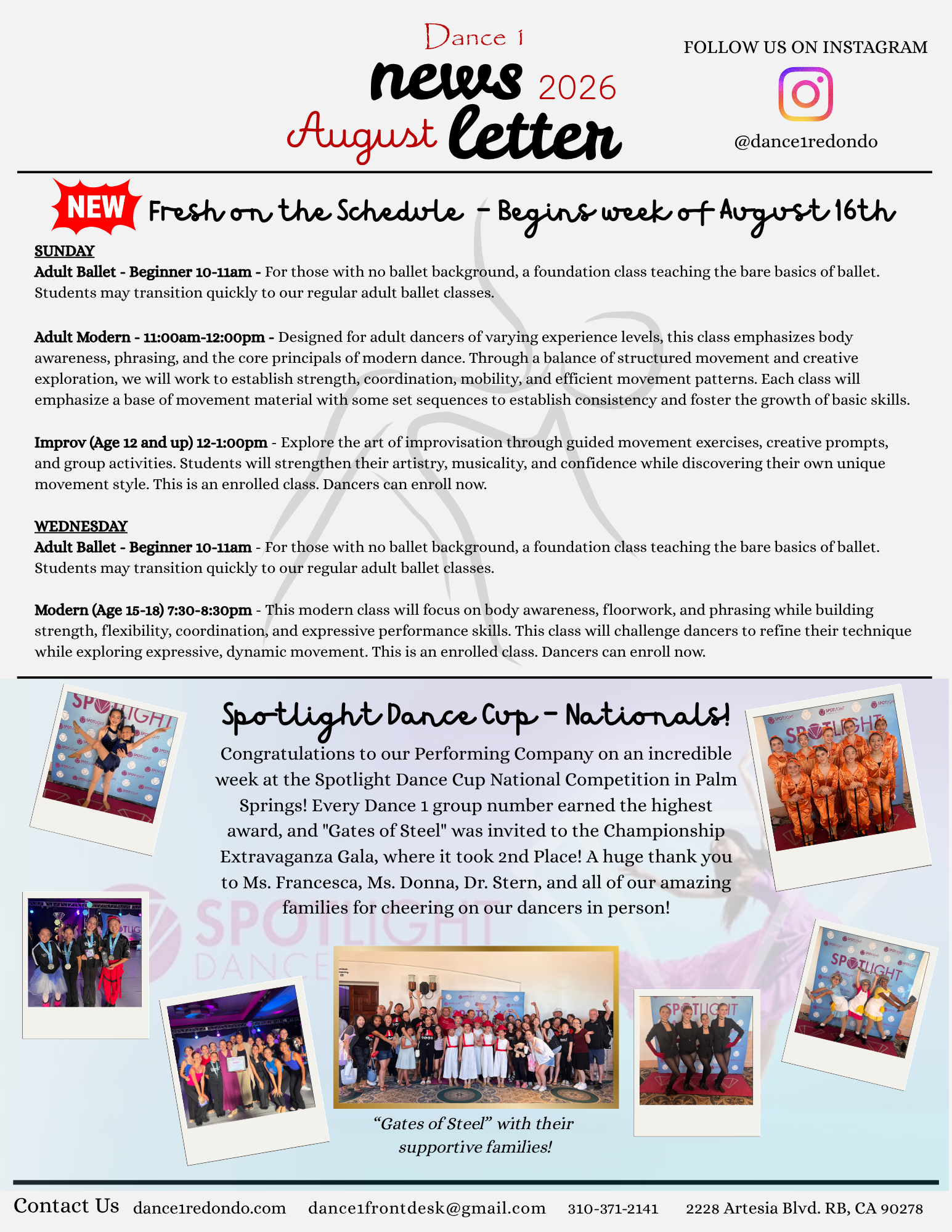 A colorful dance studio schedule poster featuring various dance classes starting in August 2026, with images of dancers and a congratulatory note for a dance competition at the bottom.