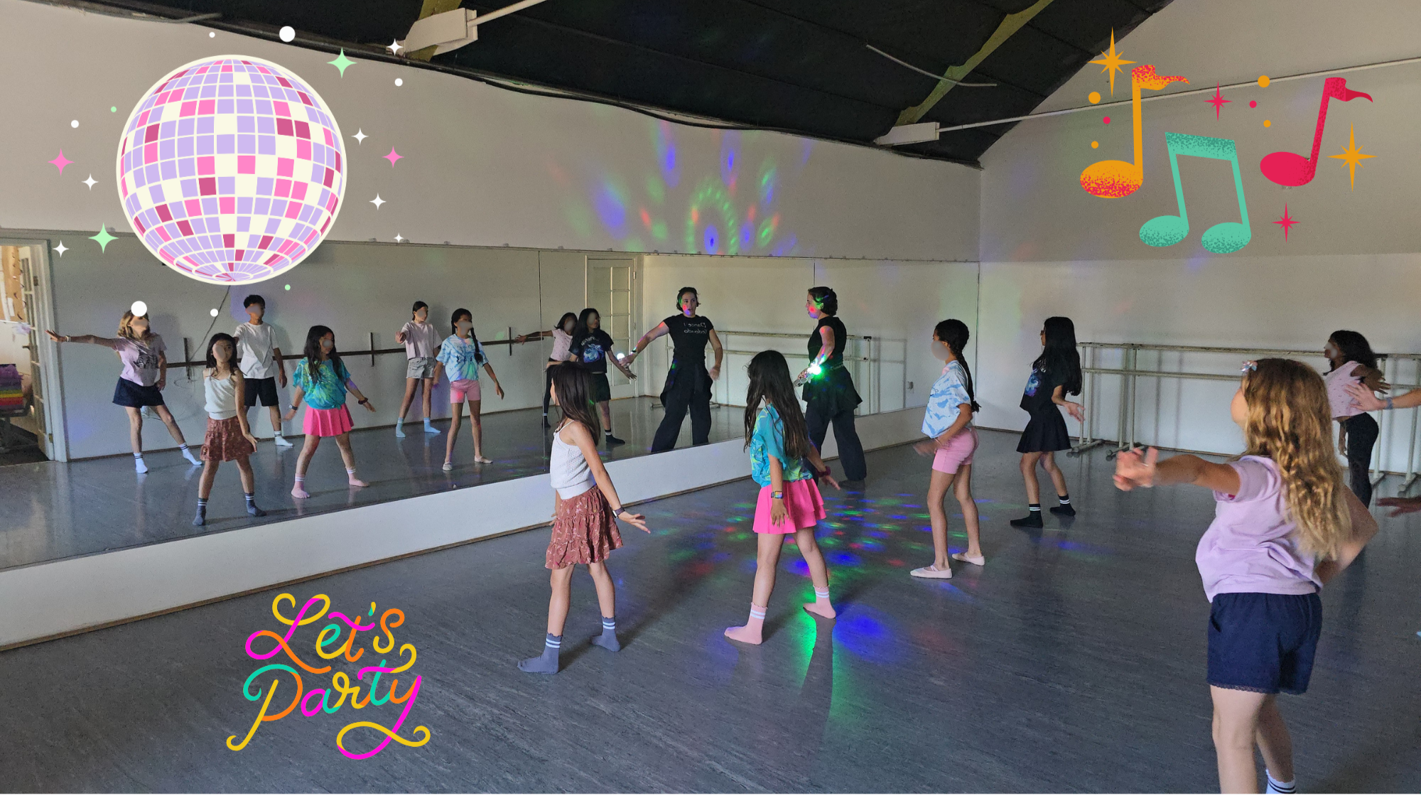 A group of children dancing in a dance studio with a mirrored wall and ballet barres, illuminated by colorful disco lights, with digital stickers of a disco ball, musical notes, and a 'Let's Party' message.