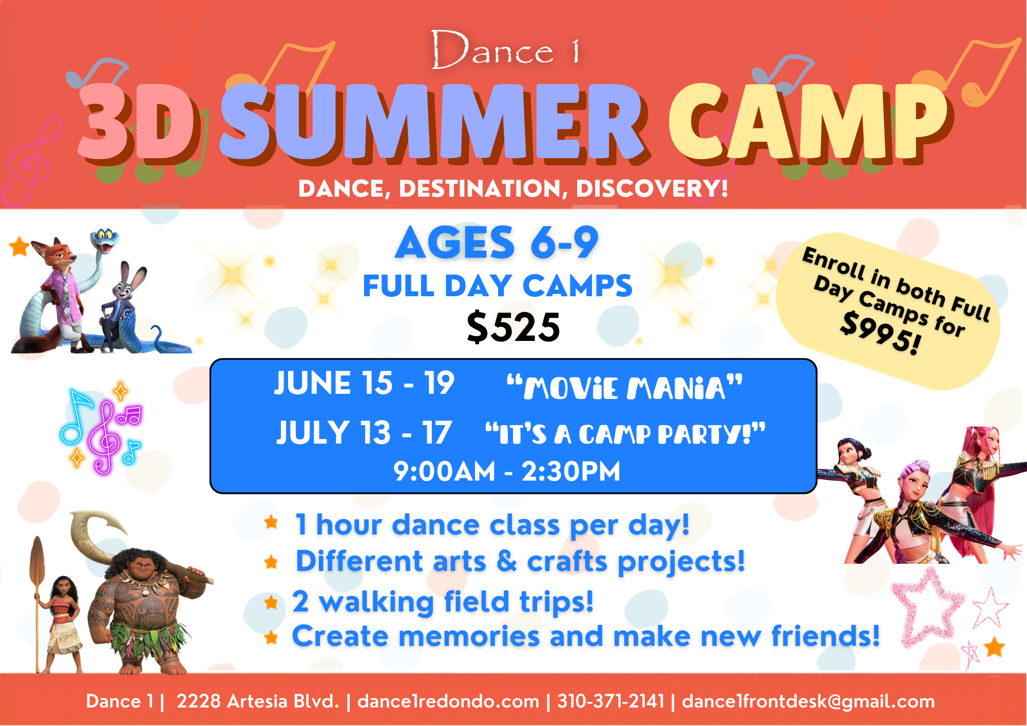 A colorful flyer for a 3D summer camp with dance activities for children age 6-9, featuring animated characters and info about camp dates and pricing.