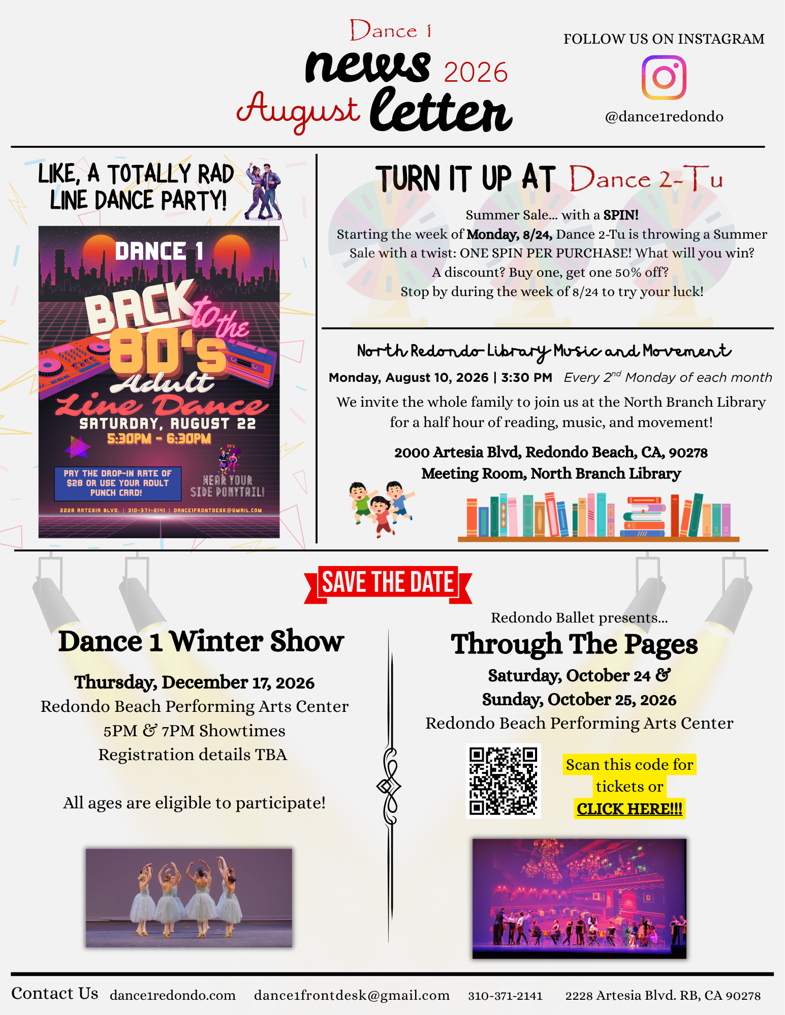 A colorful digital flyer for Redondo Dance presents upcoming dance events in August, October, and December 2026. It includes information about dance shows, a summer sale with a spin-to-win promotion, and details for multiple performances at the Redondo Beach Performing Arts Center, with contact information, a QR code for tickets, and social media follow instructions.