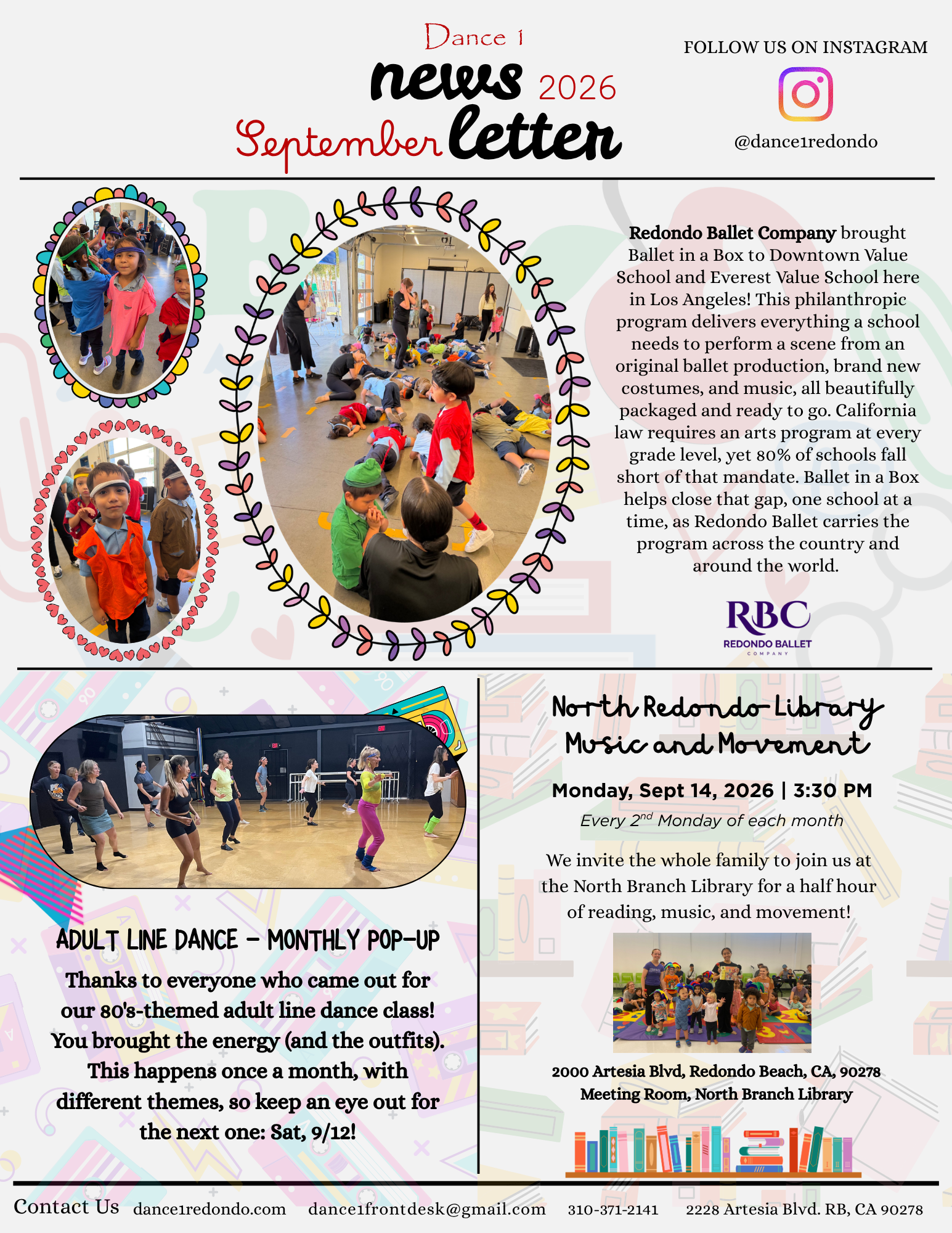 A colorful newsletter for September 2026 featuring dance programs at the North Branch Library in Redondo Beach, California. It includes photos of children and adults participating in dance activities, information about ballet and adult line dance classes, and contact details.