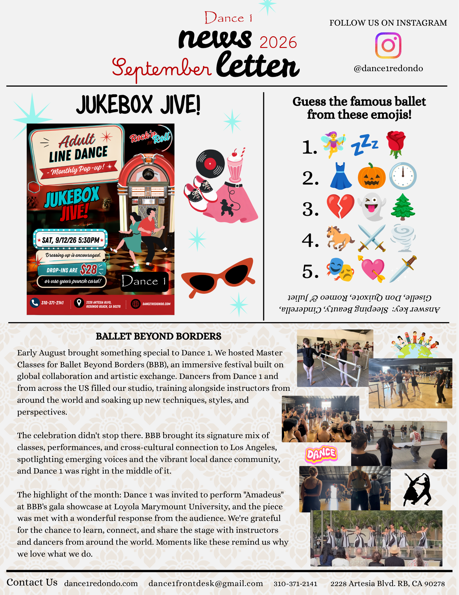 A newsletter titled "Dance 1 News September 2026" from Dance 1 with social media handle @dance1redondo. It promotes a jukebox dance event with details, a small flyer, and multiple photos of dance classes, performances, and rehearsals. The newsletter includes sections about Ballet Beyond Borders, a recent dance performance, and contact information at the bottom.