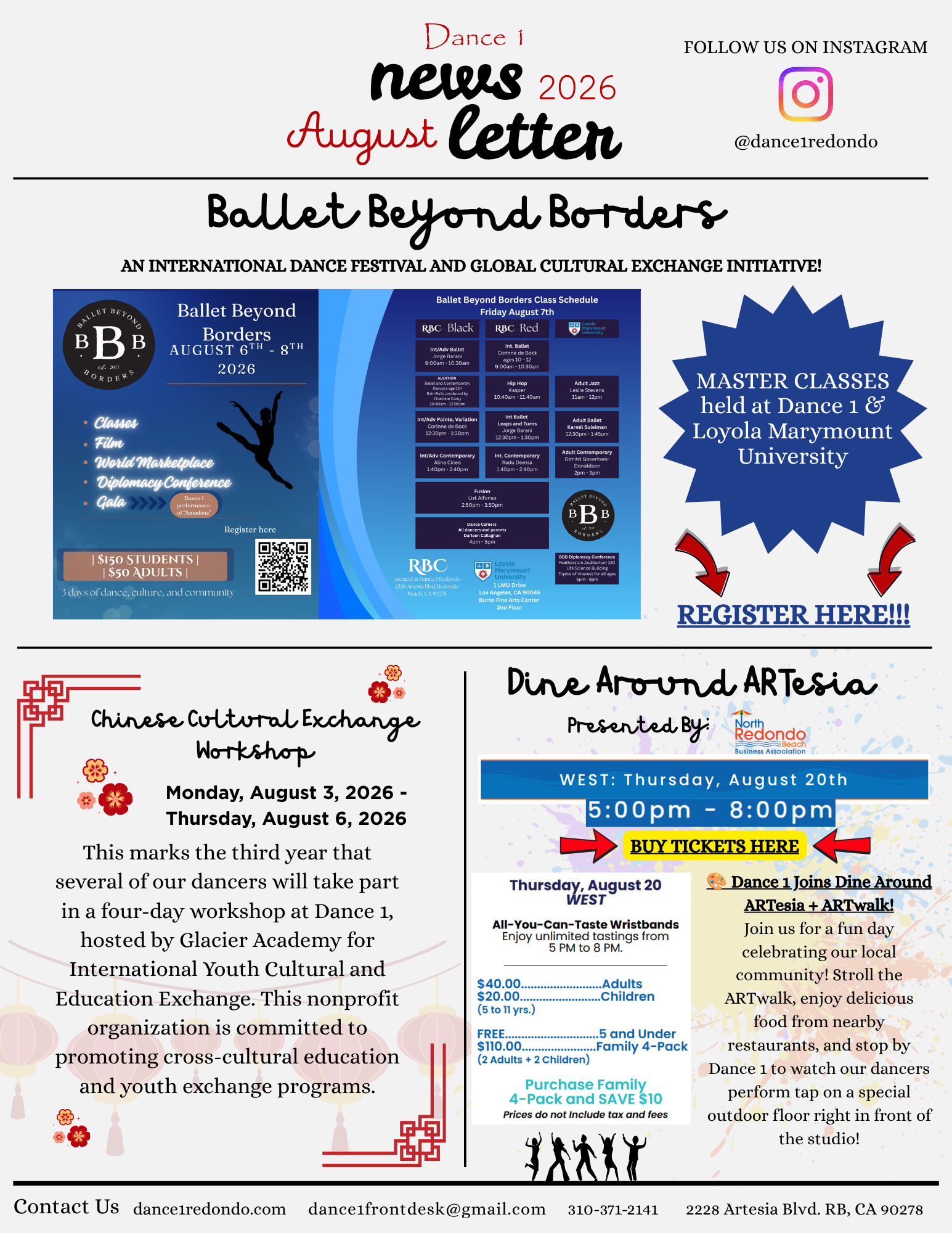 A digital flyer promoting various dance and cultural exchange events happening in August 2026, including master classes, workshops, and community activities, with details on schedules, pricing, and registration information.