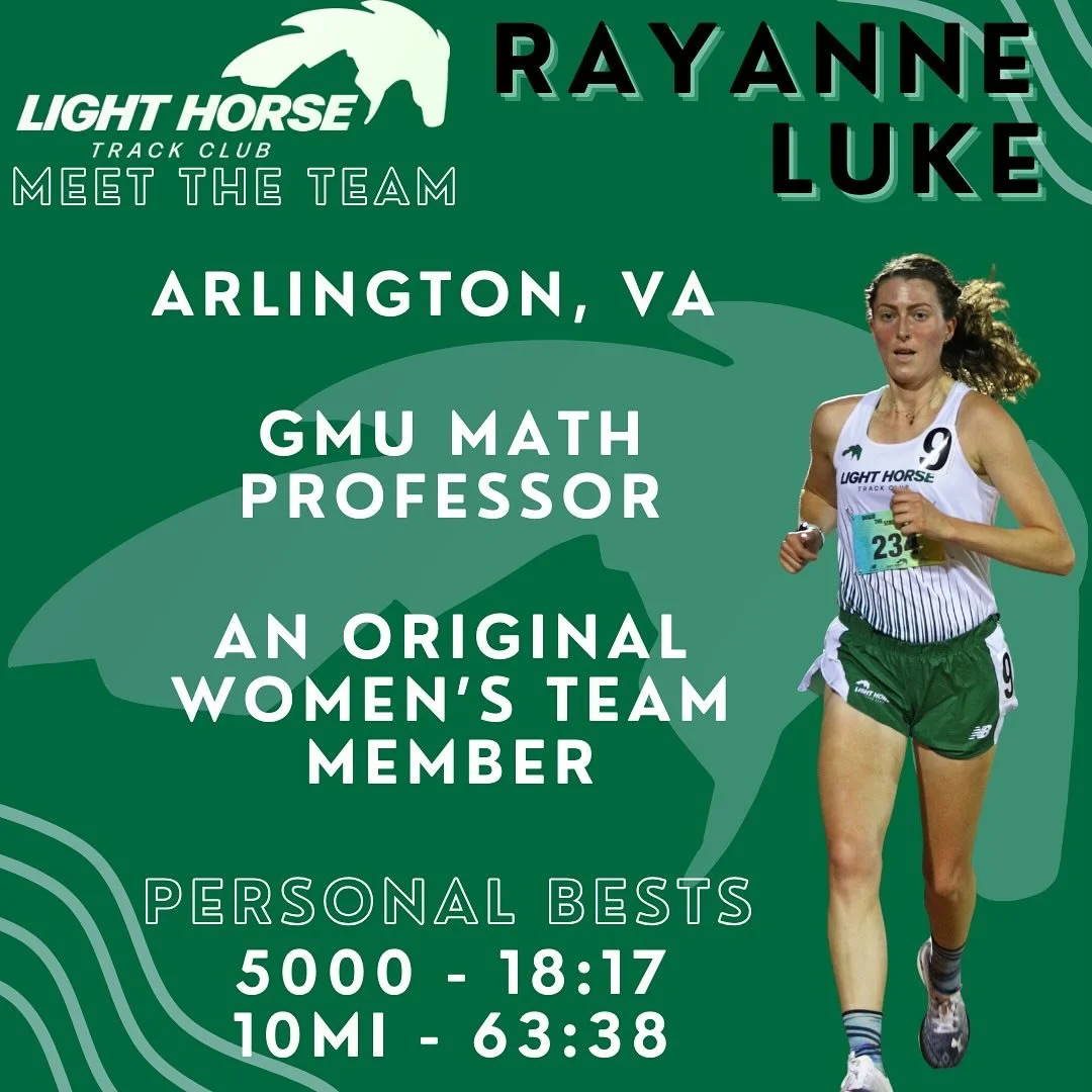 Meet the LHTC Team!

Today, we are featuring Rayanne Luke from Arlington, VA. Dr. Luke is a math professor at George Mason University, which helps her hit all her track splits! She is still the 800m record holder at her middle school (2:47) - 15 year