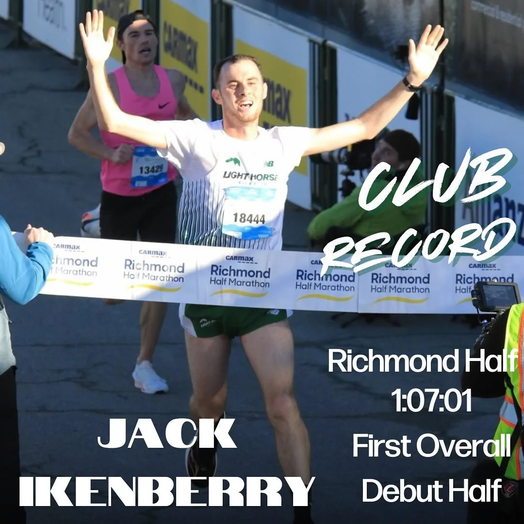 It was a banner day for the Light Horse Track Club in Richmond last weekend! Four club records, lots of PRs, and great performances to celebrate.

Jack Ikenberry @jikenberry led the way by breaking the tape in his debut half marathon, in his hometown