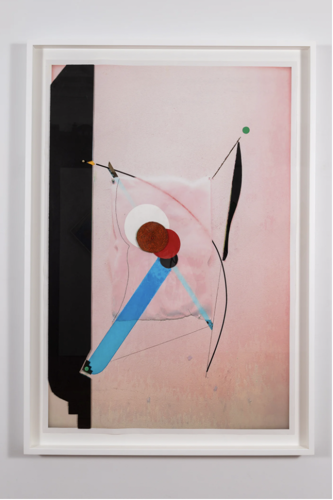 PinkSkin BlackHead Archer, 2022, pigment ink, polyester, acrylic, pastel map pins, color pencil. Hahnemuhle and other papers, 51 x 34 inches