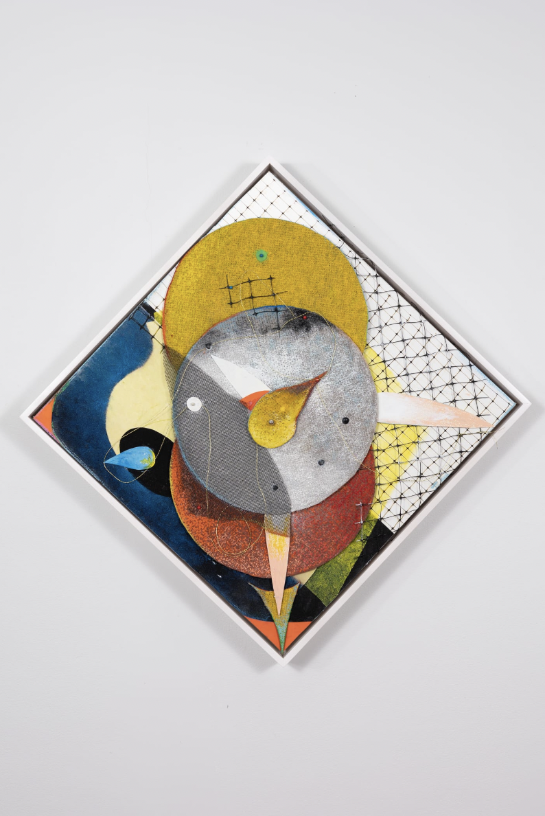 BlackHead Anasi Ensnares the Sun, 2022, polyester, plastic mesh, acrylic, canvas, pigment ink, Hahnemuhle and other papers, oil pastel, map pins, push pins, metallic cord, 20 x 20 inches