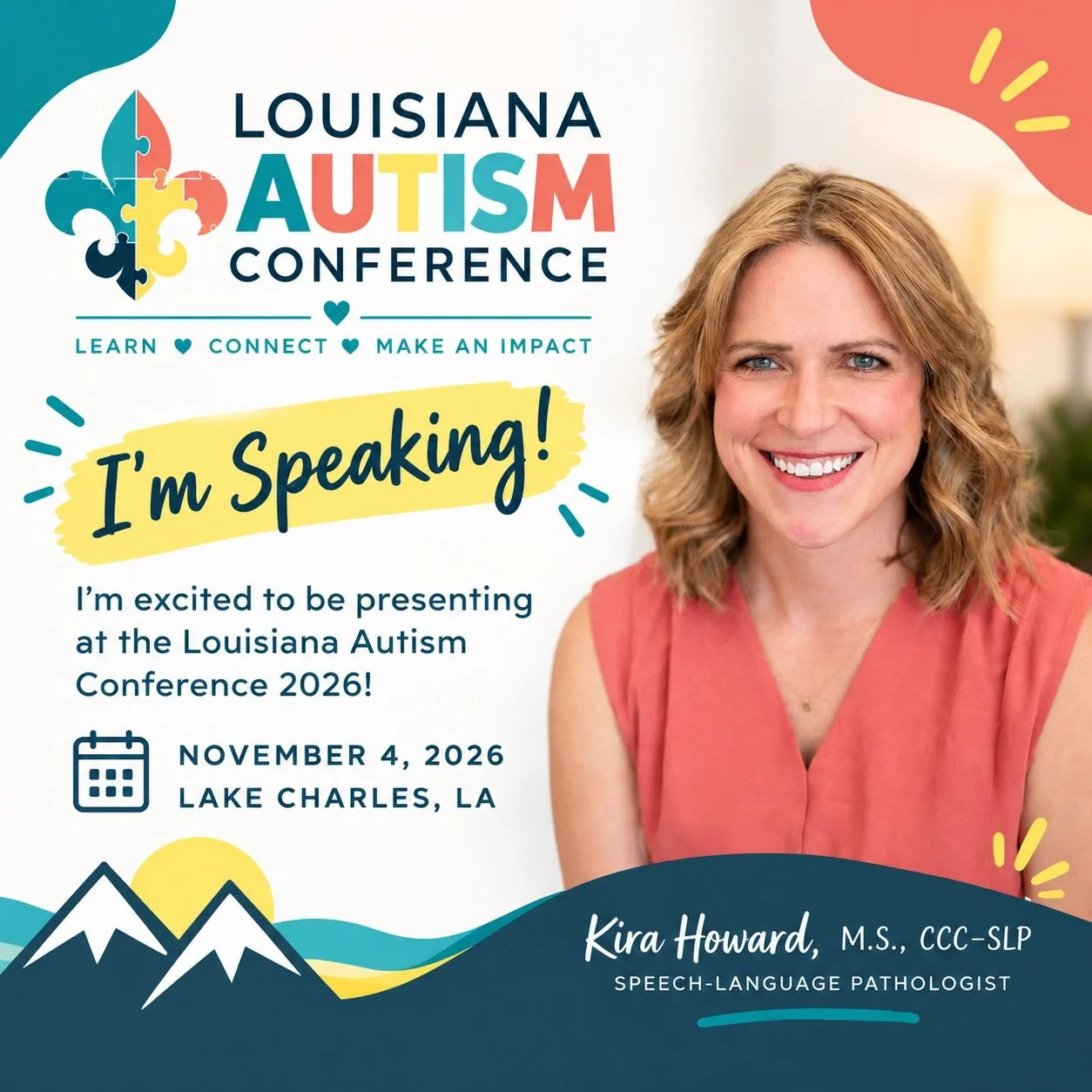 📢 I'm going to Louisiana!

I&rsquo;m excited to be presenting at the 2026 Louisiana Autism Conference on November 4 in Lake Charles! I&rsquo;ll be leading two sessions: one focused on childhood apraxia of speech and another on building foundational 