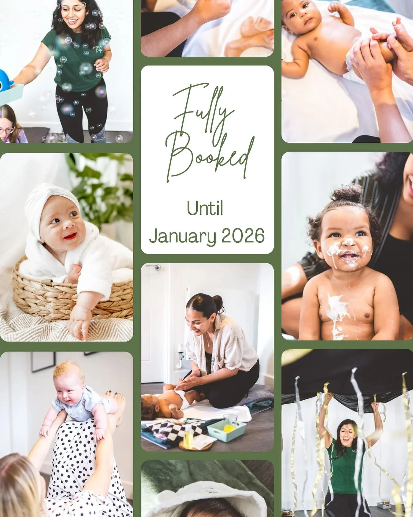 We are now FULLY BOOKED until January in…
🌿Baby massage & baby yoga 
🌿Messy play 
🌿Baby Spa
The next availability is now January 2026, all courses are up on the website.
🌿Messy play fully booked until February 2026
We will be addin