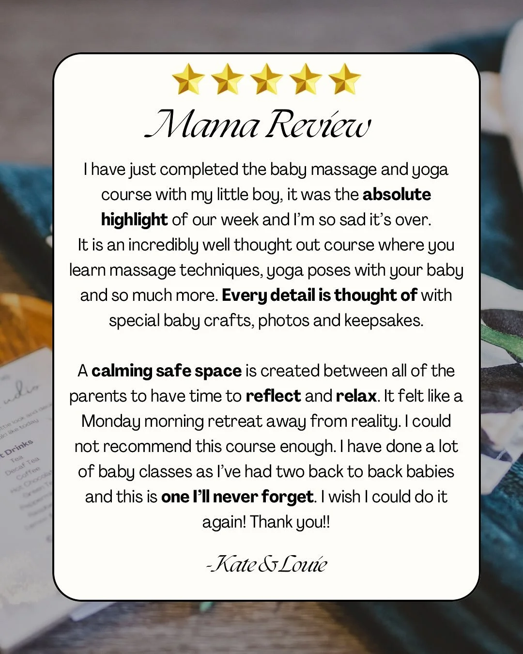 Wow! Loved seeing this 5⭐️ review left on Trustpilot this morning from a recent mama that finished baby massage & yoga with us. 
Thought I would share what our most recent parents are saying about attending a Serene Baby class. ➡️
We honestly a