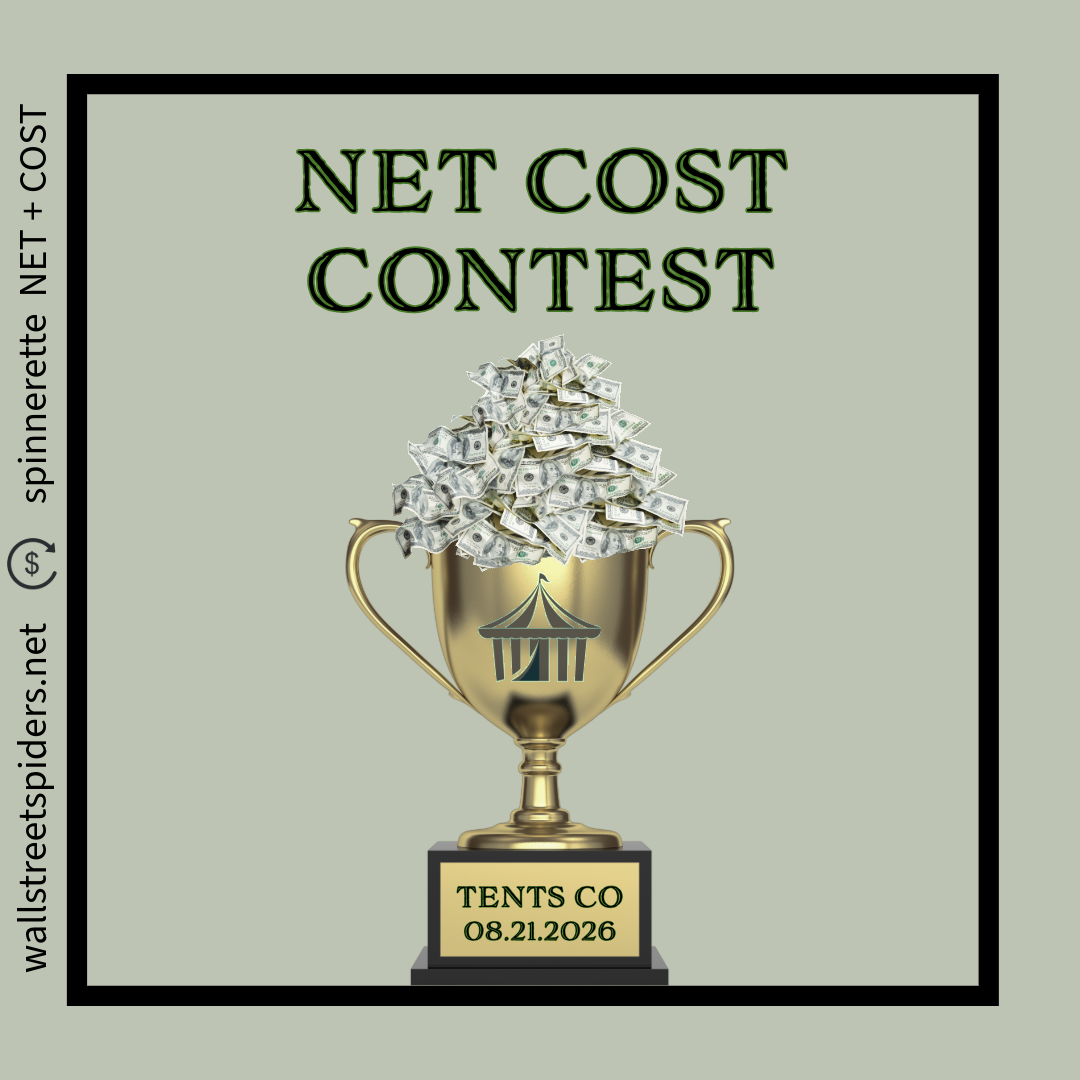 And the Winner is...A trophy cup overflowing with 100 dollar bills, with text above reading 'NET COST CONTEST' and text on the base reading 'TENTS CO 08.21.2026'.