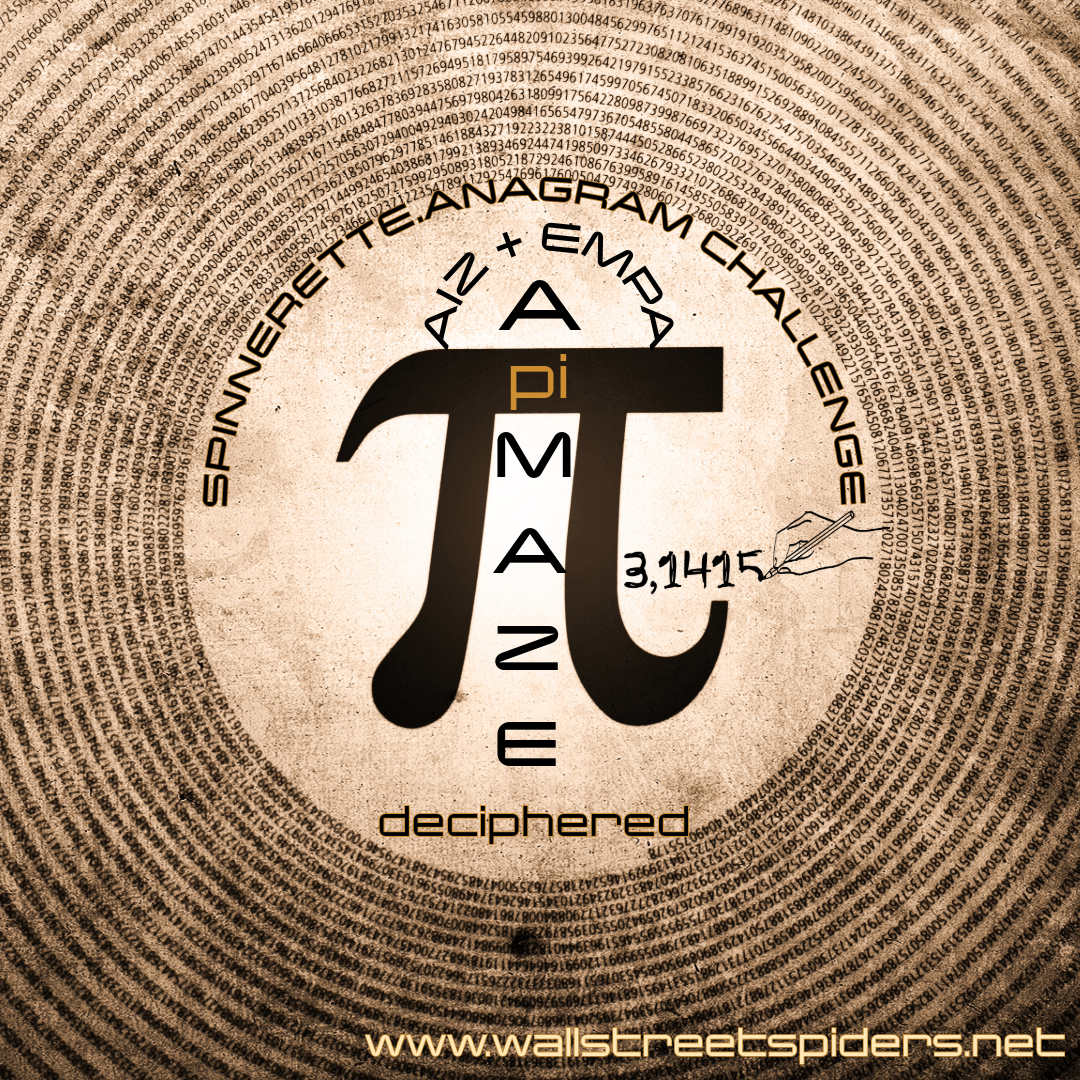 A visual representation of the mathematical constant Pi (π) with the Pi symbol at the center. The background features a spiral of binary numbers. The Pi symbol includes the digits 3.1415, with annotations pointing to an ink pen. The image includes text about equations and Pi, and the website 'www.wallstreetspirits.net' at the bottom.