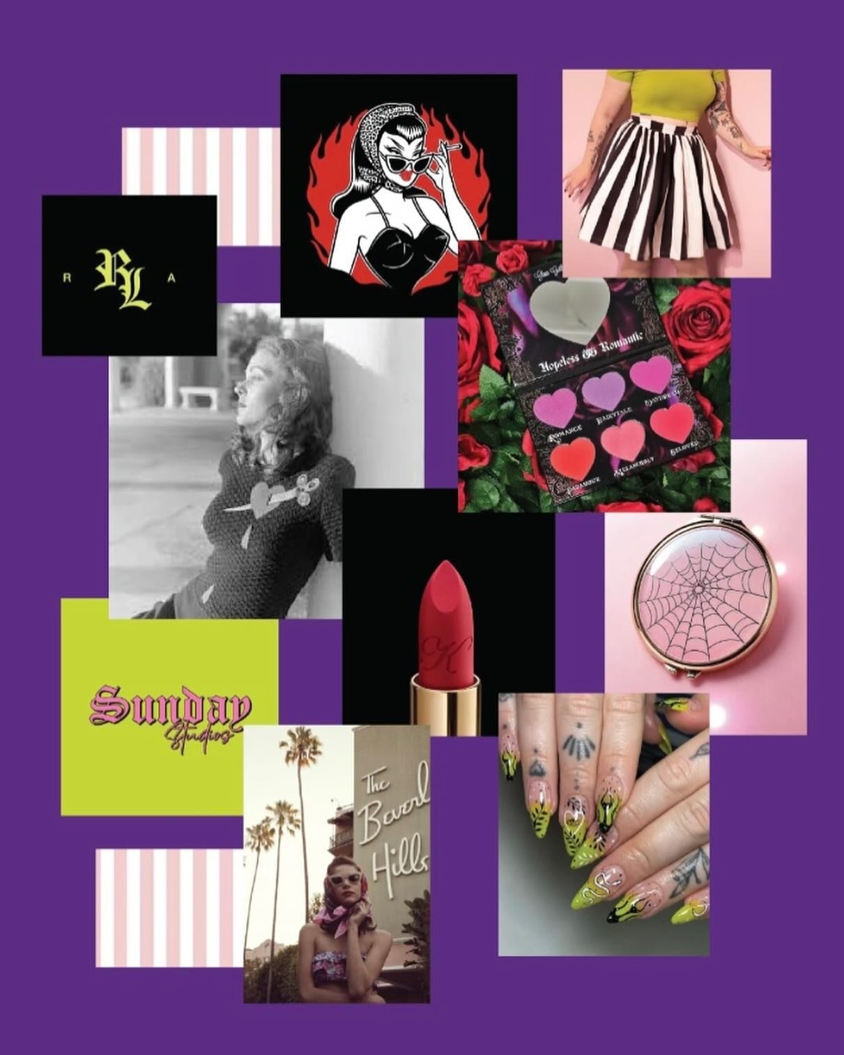 Current mood board and color inspiration 😍😍😍. I am so grateful for all the cool women-led businesses I get to work  with and I am super stoked about this spooky / vintage inspired beauty branding project! 
🖤&hearts;️💜🦇🕸️💄