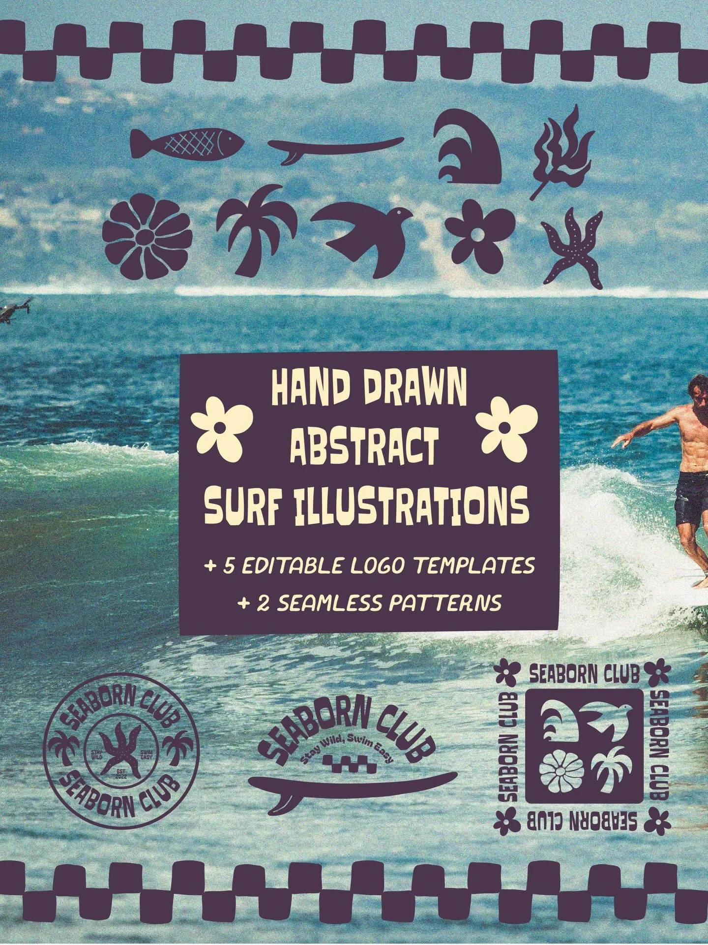 Now available on Creative Market! 

Premade branding bundle of:

- 10 hand drawn abstract surf illustrations
- 5 editable logo templates (illustrator file + links to Google fonts)
- 2 seamless patterns (illustrator pattern + seamless tiles)

Personal