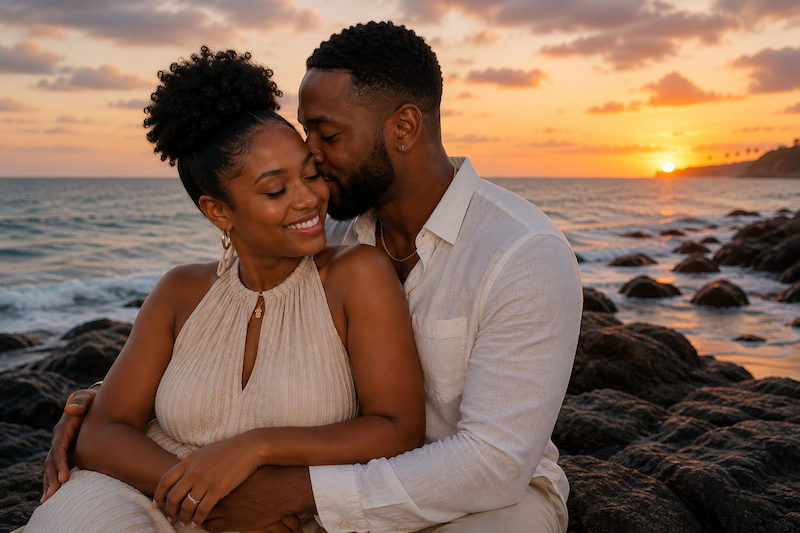 A Black couple embracing by the beach during sunset
