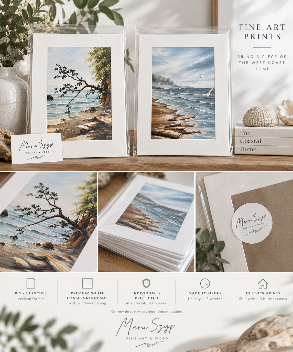 Photo showcasing some of the available prints by Mara Szyp - Available at her online shop and at Makers, Market Collective and Orca Spirit Gift shop.