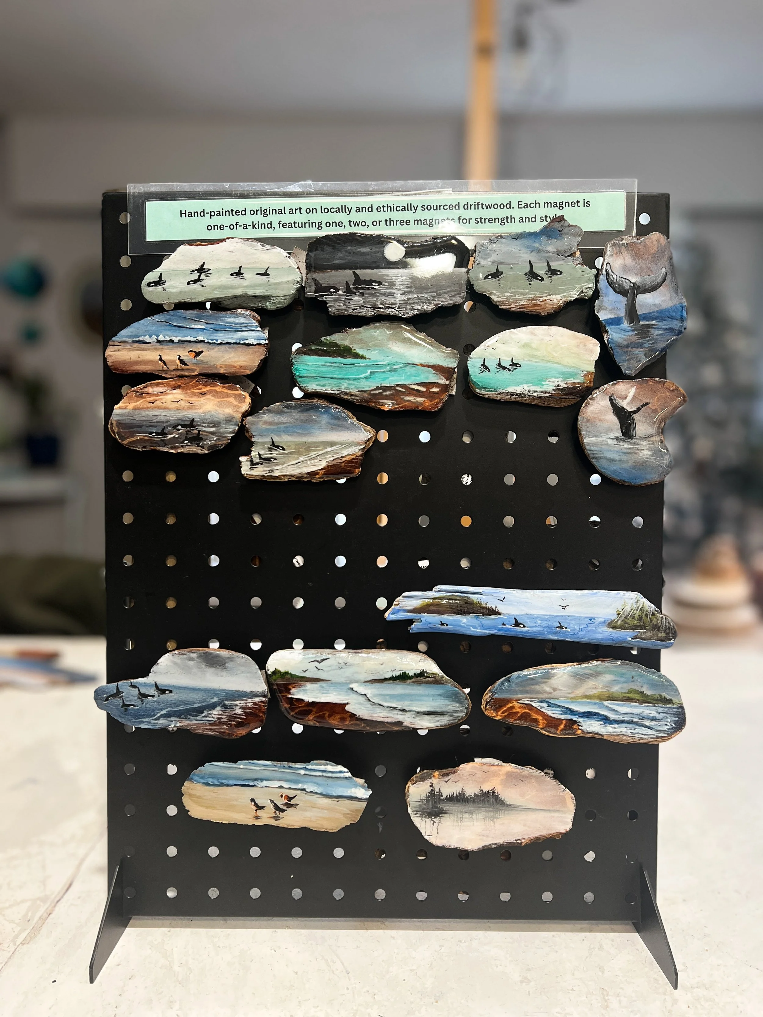 Painted driftwood magnets with ocean scenes hand painted by artist Mara Szyp