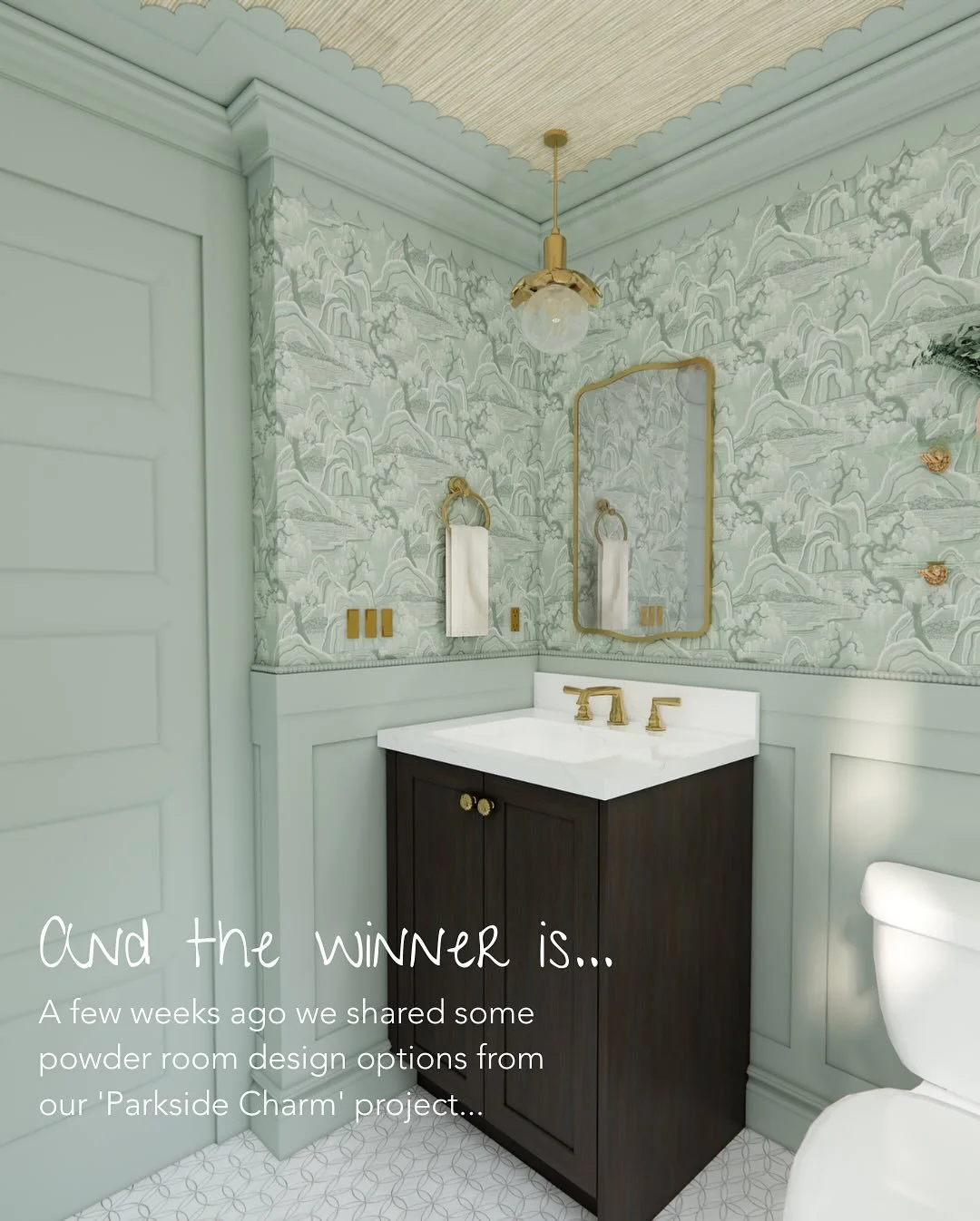 A few weeks ago we shared a few powder room design options from our &lsquo;Parkside Charm&rsquo; ✨project and asked you all weigh in on which one was your favorite look... this was your clear favorite and turns out our client agreed! ⁠
⁠
Demo started