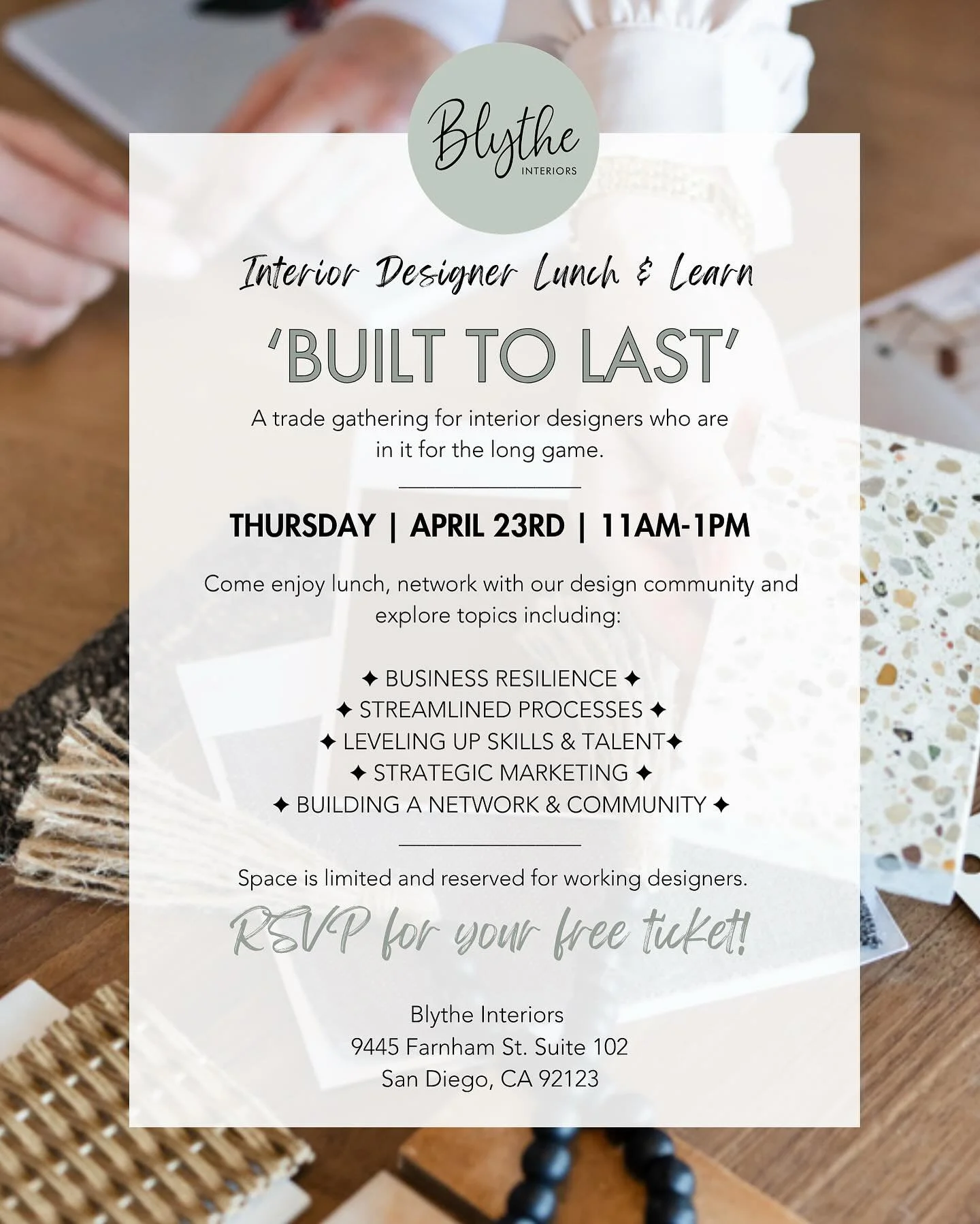 Calling all interior designers ✨⁠
⁠
We&rsquo;re hosting a lunch &amp; learn for creative business owners who are ready to grow, connect and lift each other up. Expect real conversations around building a business with staying power and creating a com