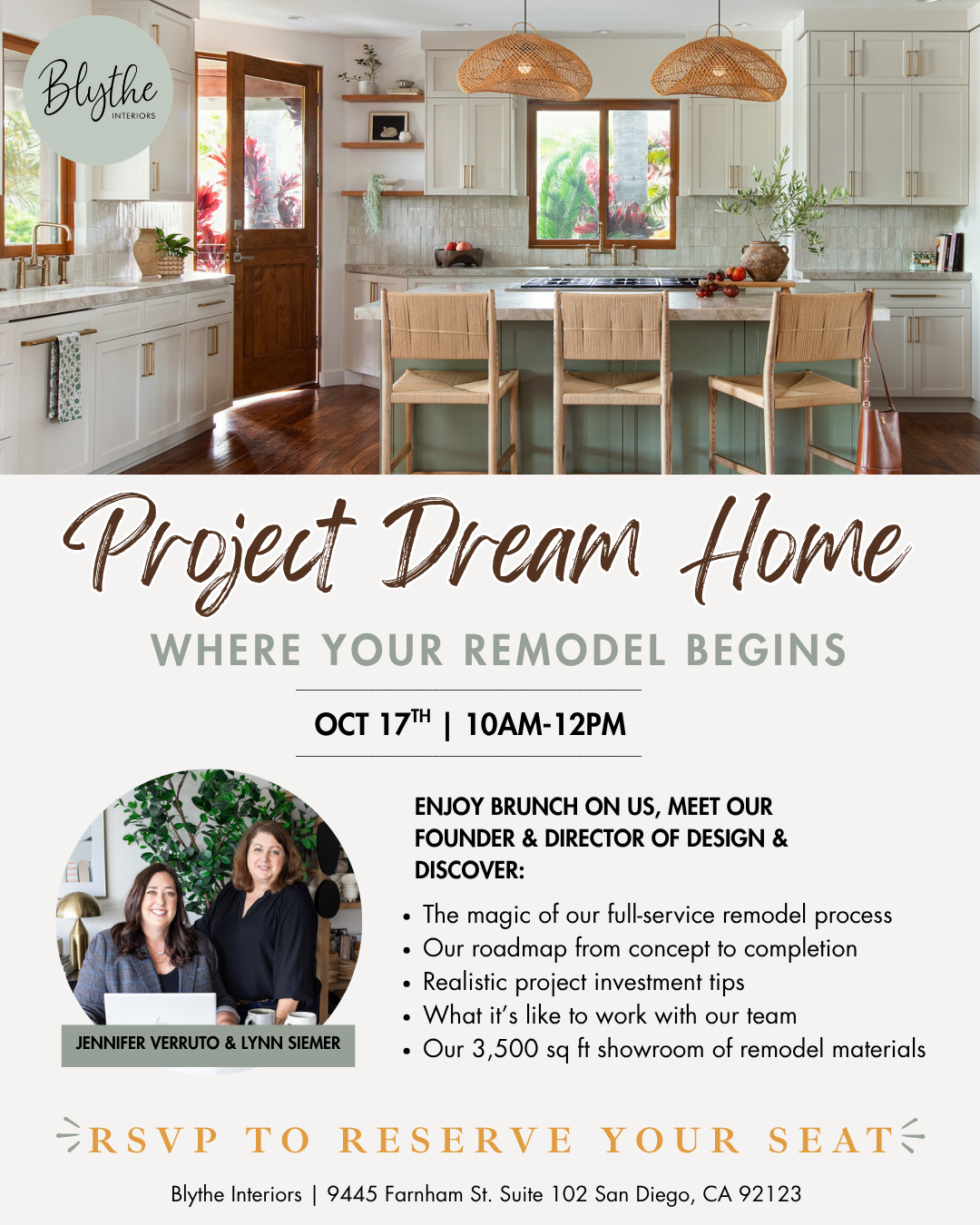 Invitation flyer for a home remodel event featuring a bright, modern kitchen with white cabinets and a central island with barstools, decorated with plants and natural light.