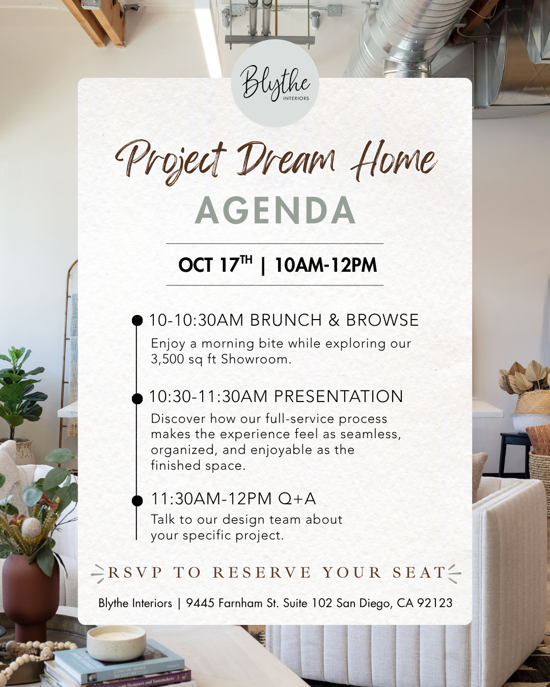 Event flyer for 'Project Dream Home' by Blythe Interiors, scheduled for October 17th from 10 AM to 12 PM, featuring brunch, a presentation, and a Q&A session inside a modern, cozy interior space.