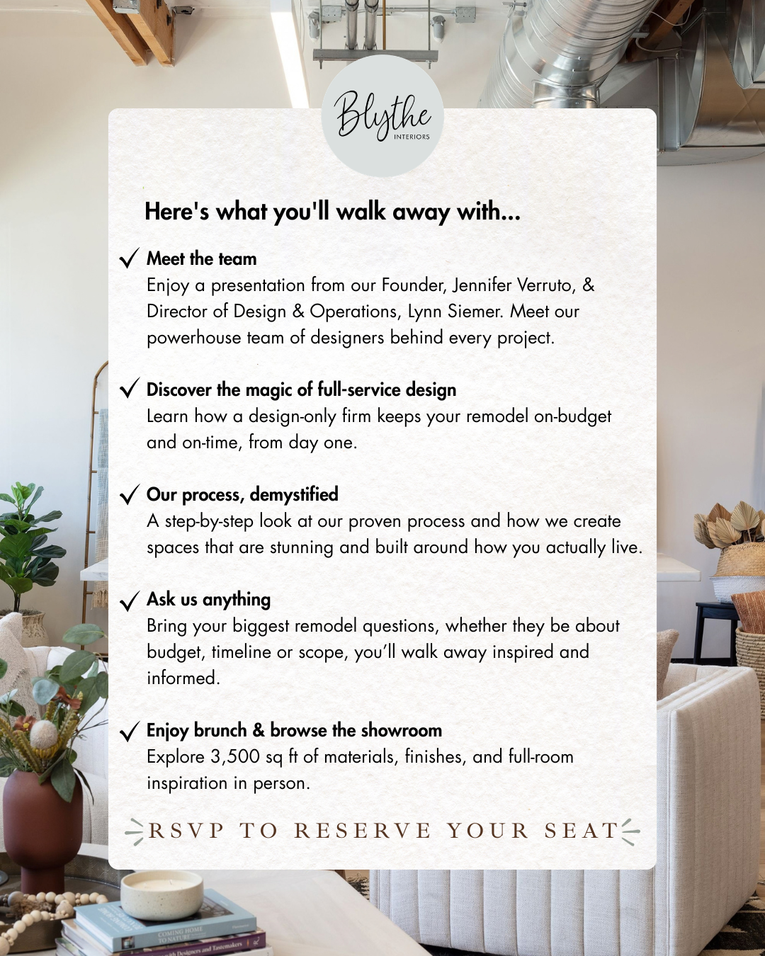 A digital flyer on a wall at Blysthe Interiors with event details for a design consultation. The flyer features a white textured background with black and brown text, and the Blysthe Interiors logo at the top. It lists the benefits of the appointment, including meeting the team, discovering full-service design, understanding the process, asking questions, and browsing the showroom. The bottom encourages RSVPs to reserve a seat.