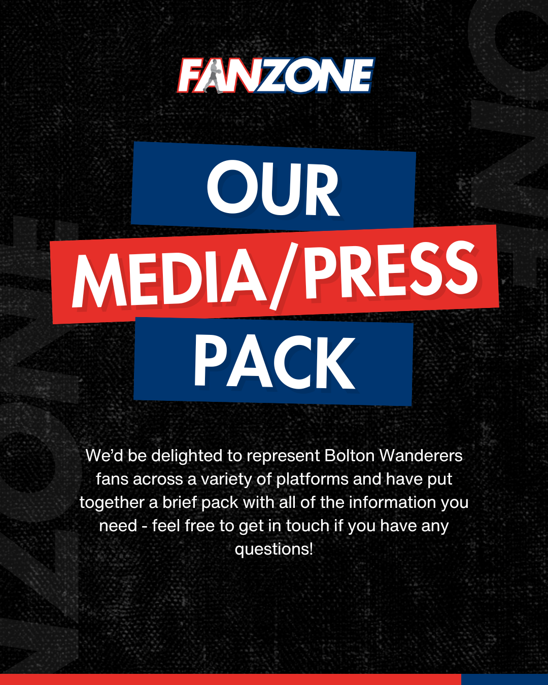 Graphic with text 'FANZONE OUR MEDIA/PRESS PACK' and a paragraph inviting Bolton Wanderers fans to contact for more information.