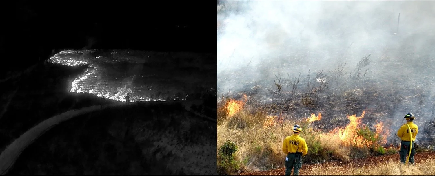 Image of BIFD firefighters at the prescribed burn beside thermal imaging of the burn.