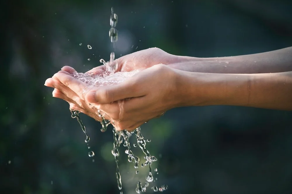 To cupped hands collecting water