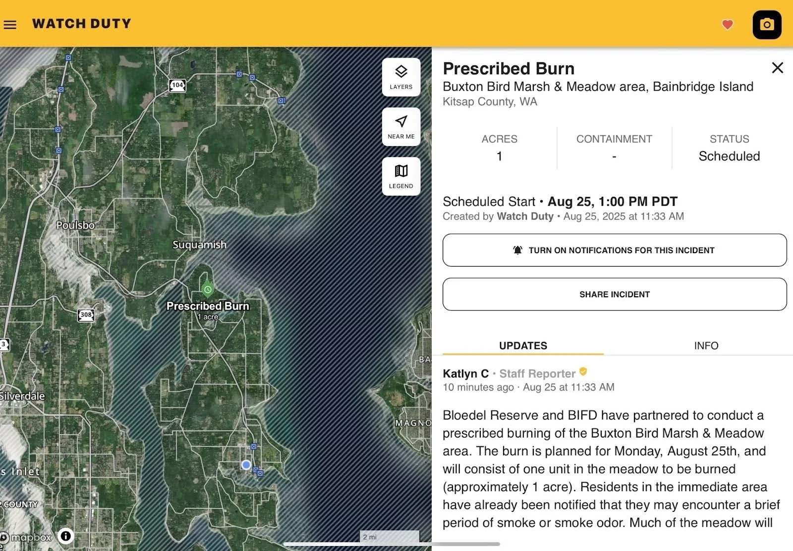 A screen from WatchDuty about the prescribed burn.