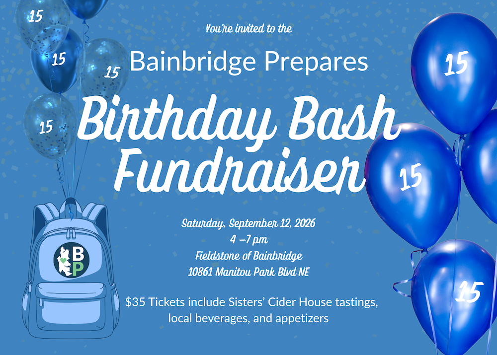 The invitation to the Birthday Bash Fundraiser. A blue background with balloons and a backup adorned with the BP logo.