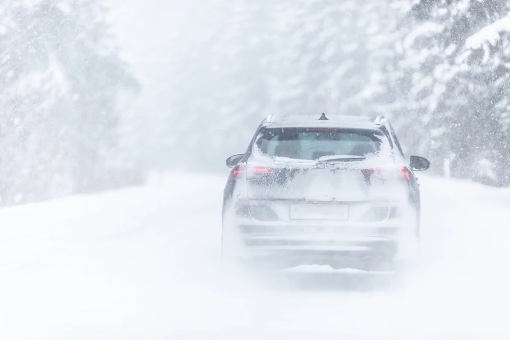 Cart traveling on a highway through a forest during a blizzard
