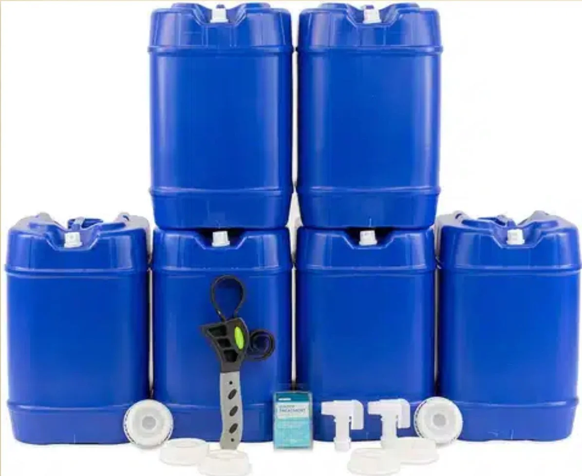 5-gallon water storage tanks in a stack