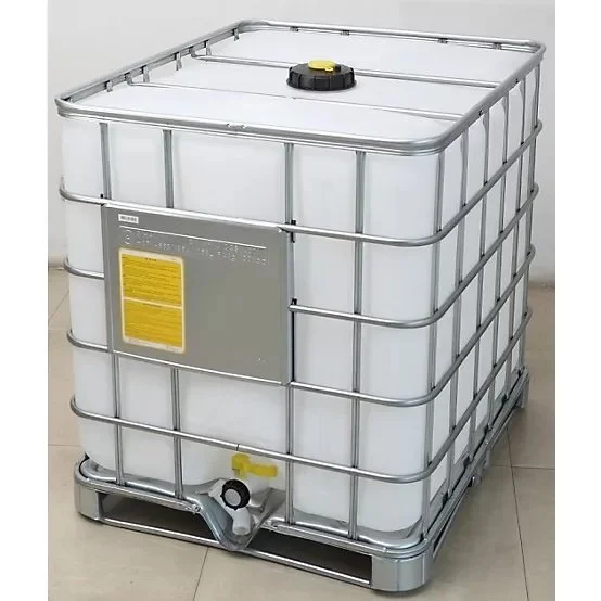 An IBC water container in a wire cage