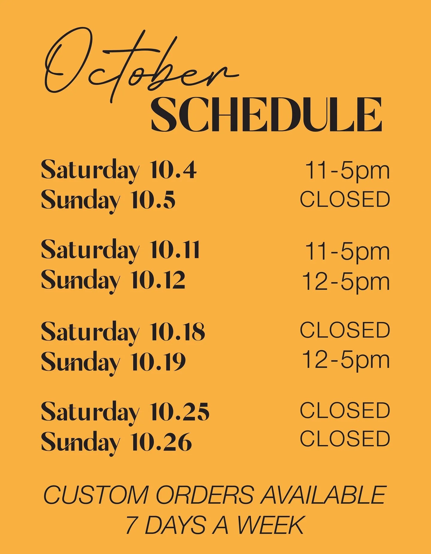 O C T O B E R  S C H E D U L E 🧡
102 St Marks Pl, East Village
&bull;
Come by on weekends to snag a fall mini cake, cookie, or coffee 🎃 please note we are closed quite a few days this month (sorry!!) so make sure you check the schedule before you m