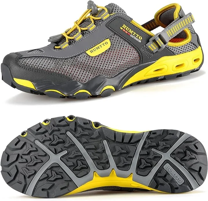 We both LOVE our Humtto water/hiking sandals with closed toes and mesh.   They are comfortable and perfect for muddy or waterfall trecks, or those rocky beaches.  Just don't put them in a clothes dryer--I did that in New Zealand and they will shrink.