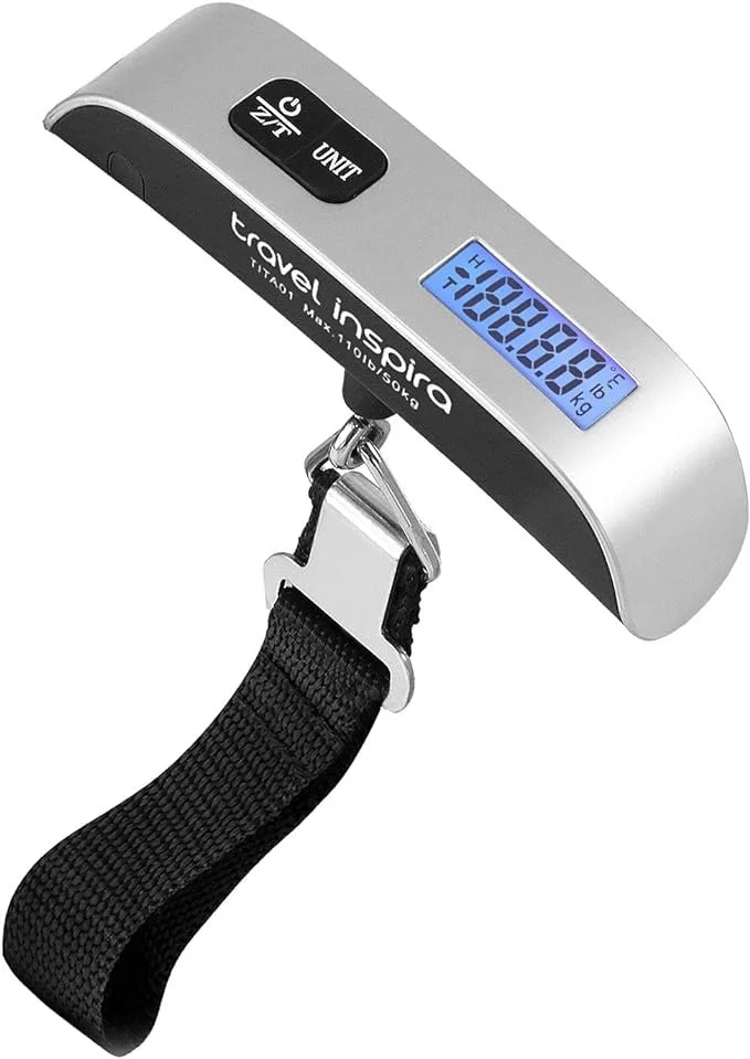 Luggage Scale weighs in pounds or kilograms and has lots of uses.  Lightweight and easy to use. Always have one -- airline policies change.