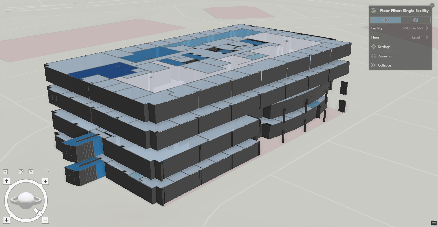 3D model of a multi-floor building with detailed interior and exterior layouts.