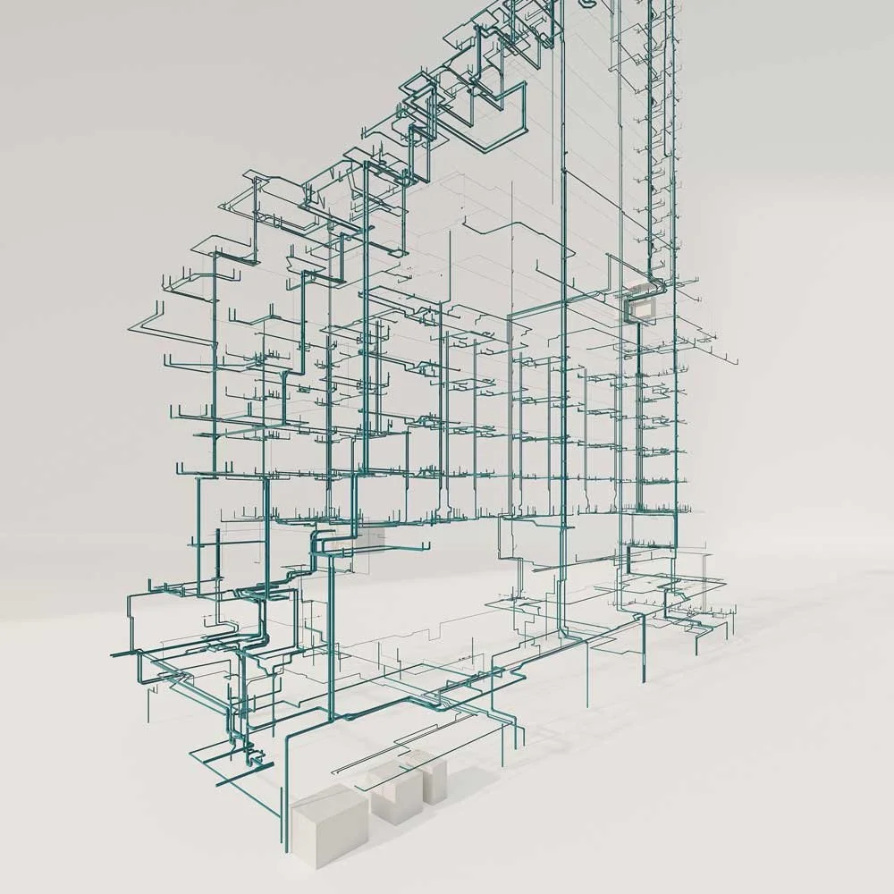 A 3D digital wireframe model of a building's plumbing or piping system, with interconnected pipes and structural elements.