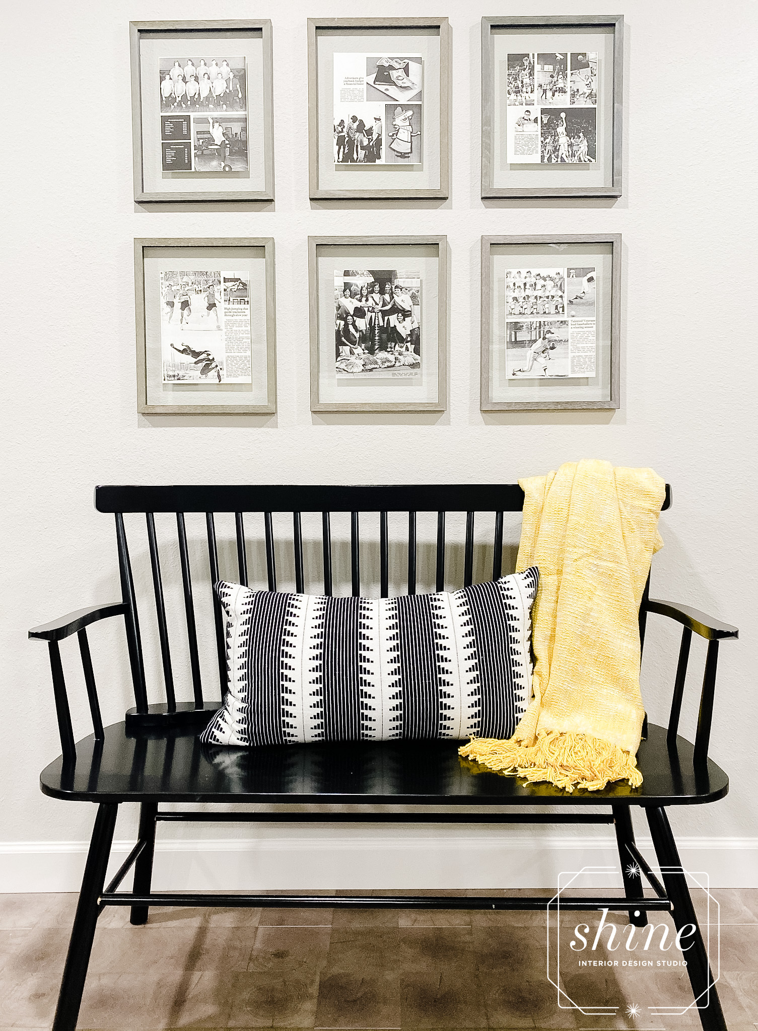 For the artwork, we photocopied yearbook pages to create a collage. Fun, inexpensive and added a nostalgic touch to the space. The bench was added to be used as a drop zone piece for the back carport entry.