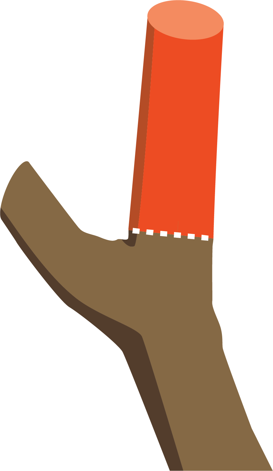 A digital illustration of a hand holding a brown cast with a cast and a red crayon.